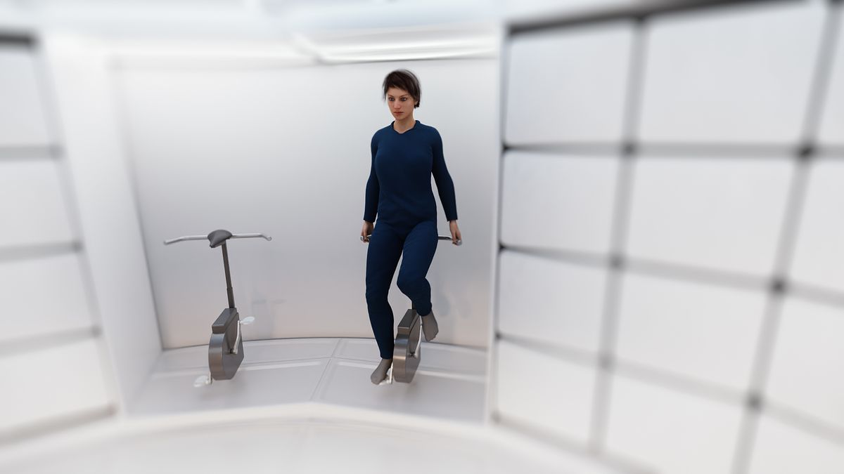 A crew member exercising inside Airbus' Loop space habitat.
