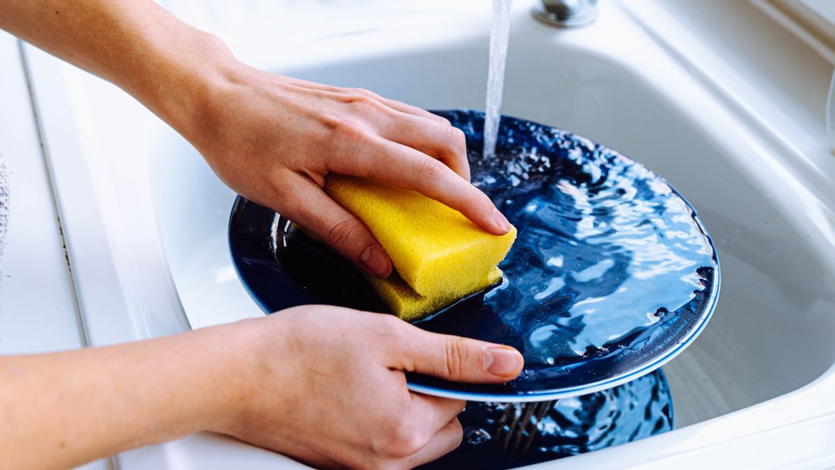 Person washing blue plate with kitchen sponge