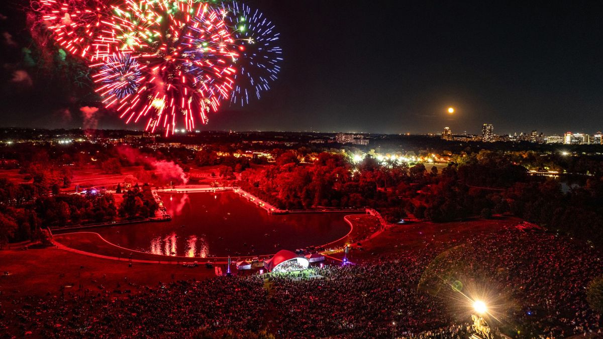 Fireworks erupt in the night sky as ADAPTive loudspeakers captive listeners at Art Hill in Forest Park. 