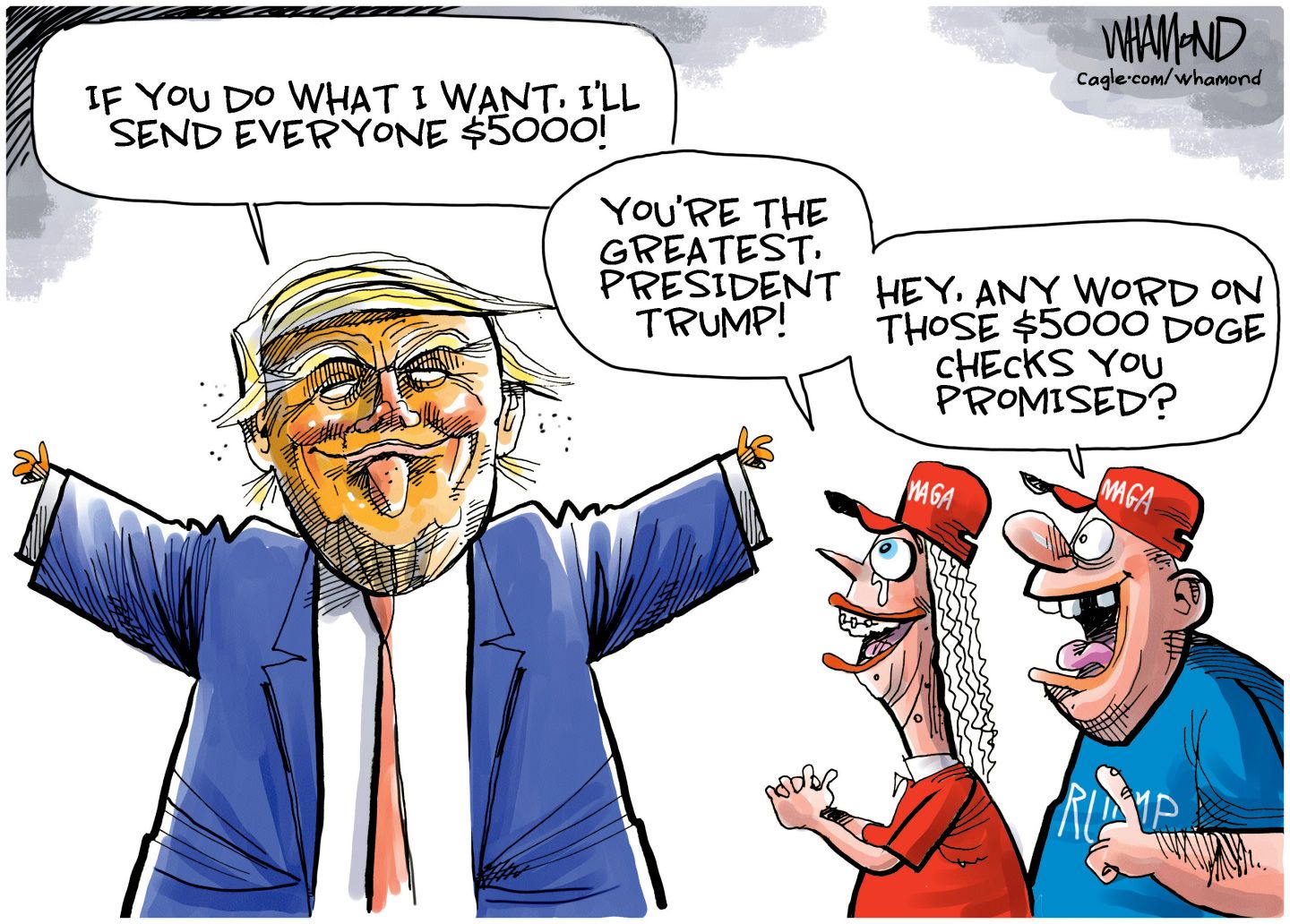 5 divided cartoons about the $5,000 Trump ploy