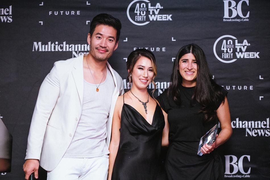 Event co-hosts Kevin Kreider and Yasmine Torres with Aileen Del Cid, head of marketing, Samsung TV Plus.