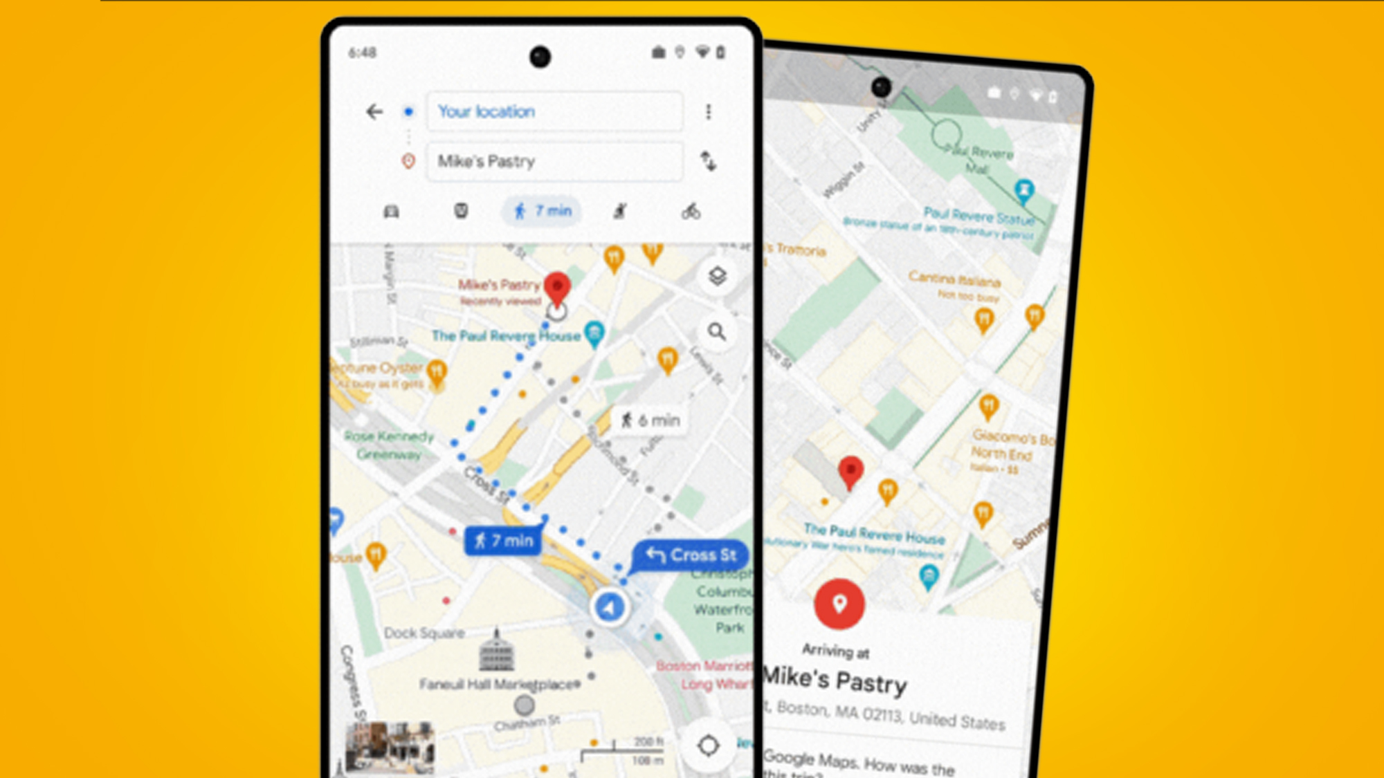 Two phones on a yellow background showing the glanceable directions in Google Maps