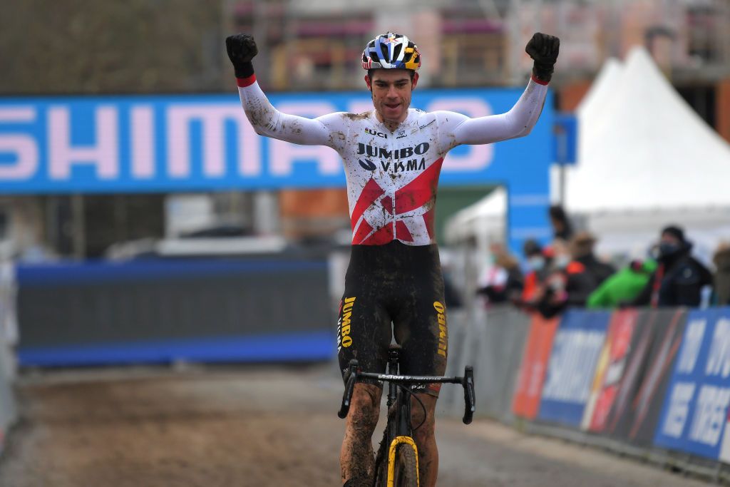 OVERIJSE BELGIUM JANUARY 24 Arrival Wout Van Aert of Belgium and Team JumboVisma Celebration during the 61st Druivencross World Cup 2021 Mens Elite Mud UCICX CXWorldCup Ostend2021 on January 24 2021 in Overijse Belgium Photo by Luc ClaessenGetty Images