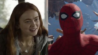 Sadie Sink smiles and sits at a table in 2024's "A Sacrifice," and Peter/Spidey is in a lost dimension in Spider-Man: No Way Home. 