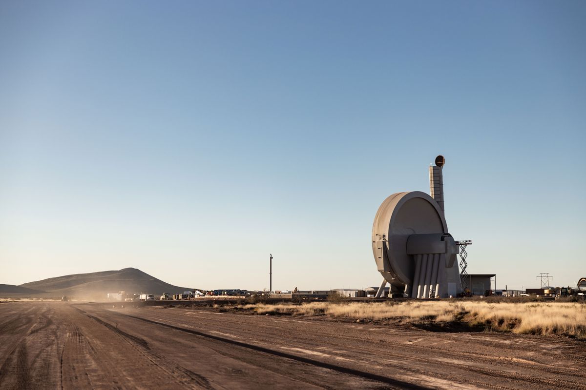 Alternative launch company SpinLaunch&#039;s spin chamber is seen at Spaceport America in New Mexico. The system flings rockets into the sky with a spinning arm.