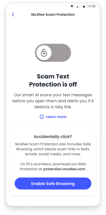 Screenshot of McAfee Scam Protection interface