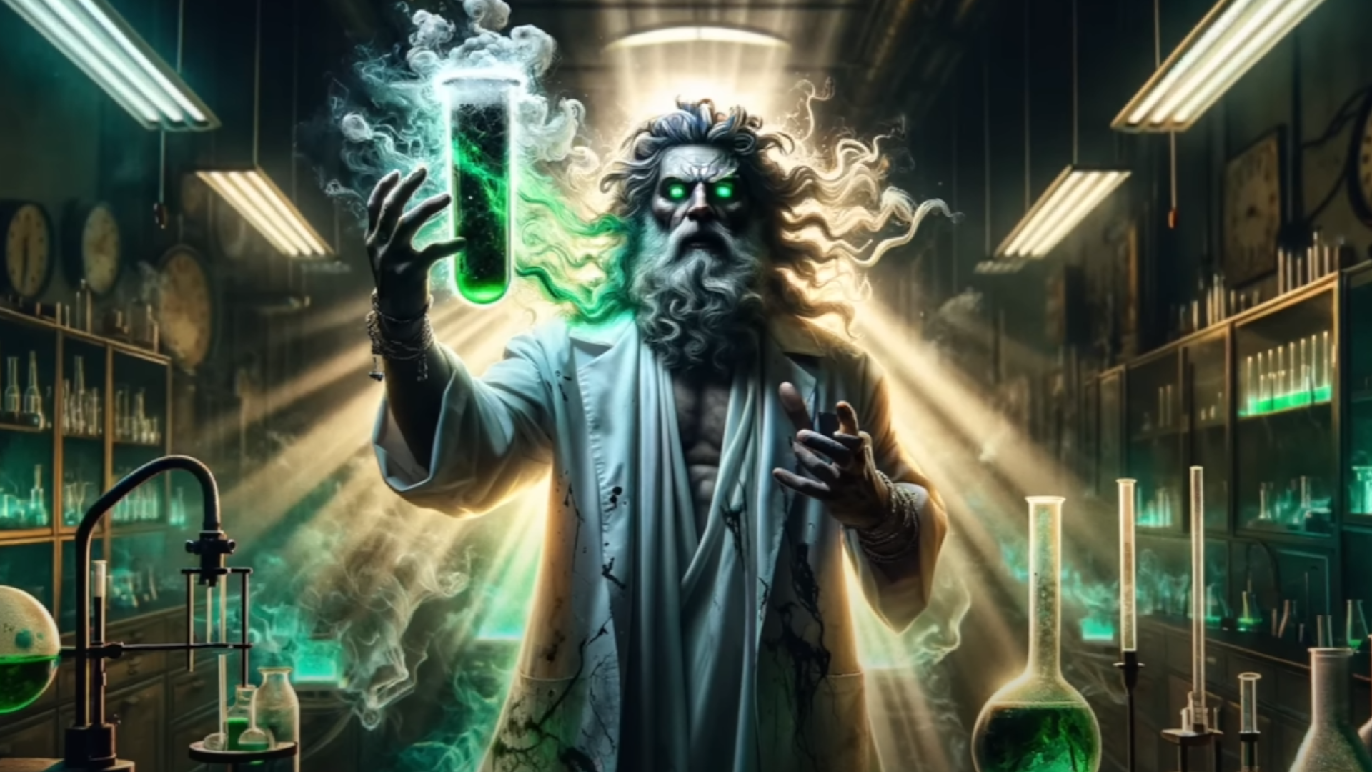 An AI-generated image of a mad scientist with flowing godly hair inventing cancer, as per the George Carlin AI special posted to Dudesy's youtube channel.