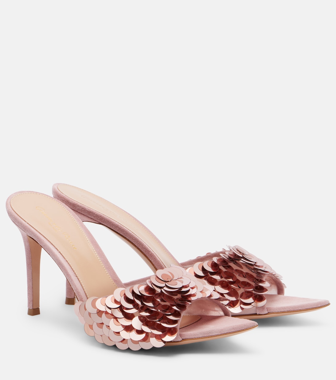 Elle Sequined Suede-Trimmed Mesh Mules in Pink - Gianvito Rossi