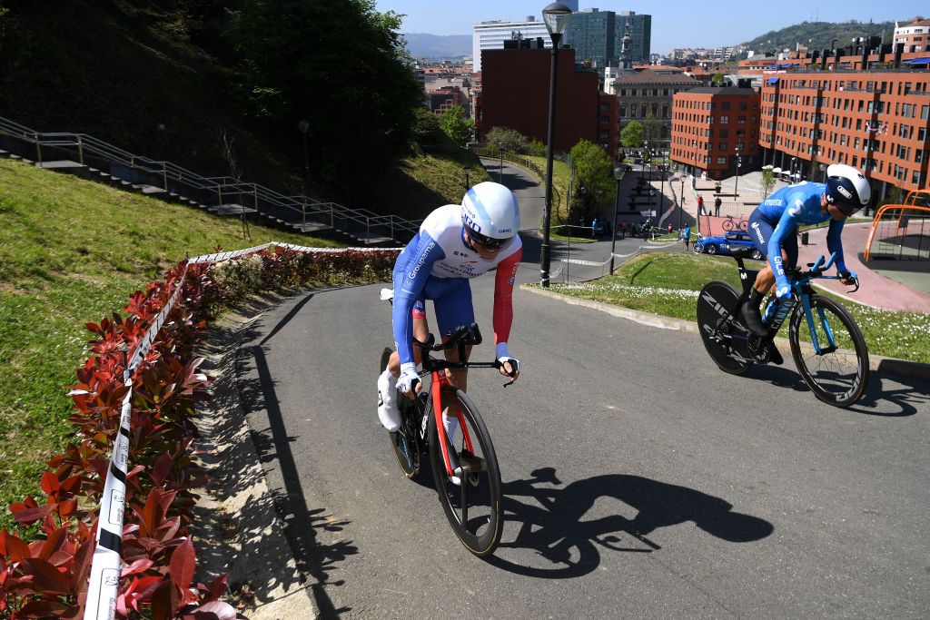 BILBAO SPAIN APRIL 05 David Gaudu of France and Team Groupama FDJ Einer Augusto Rubio Reyes of Colombia and Movistar Team during the 60th ItzuliaVuelta Ciclista Pais Vasco 2021 Stage 1 a 139km individual time trial from Bilbao to Bilbao itzulia ehitzulia ITT on April 05 2021 in Bilbao Spain Photo by David RamosGetty Images