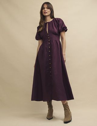 Plum Linen-Blend Keyhole Isabella Midi Dress