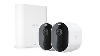 Arlo Pro 3 cameras and hub on white background