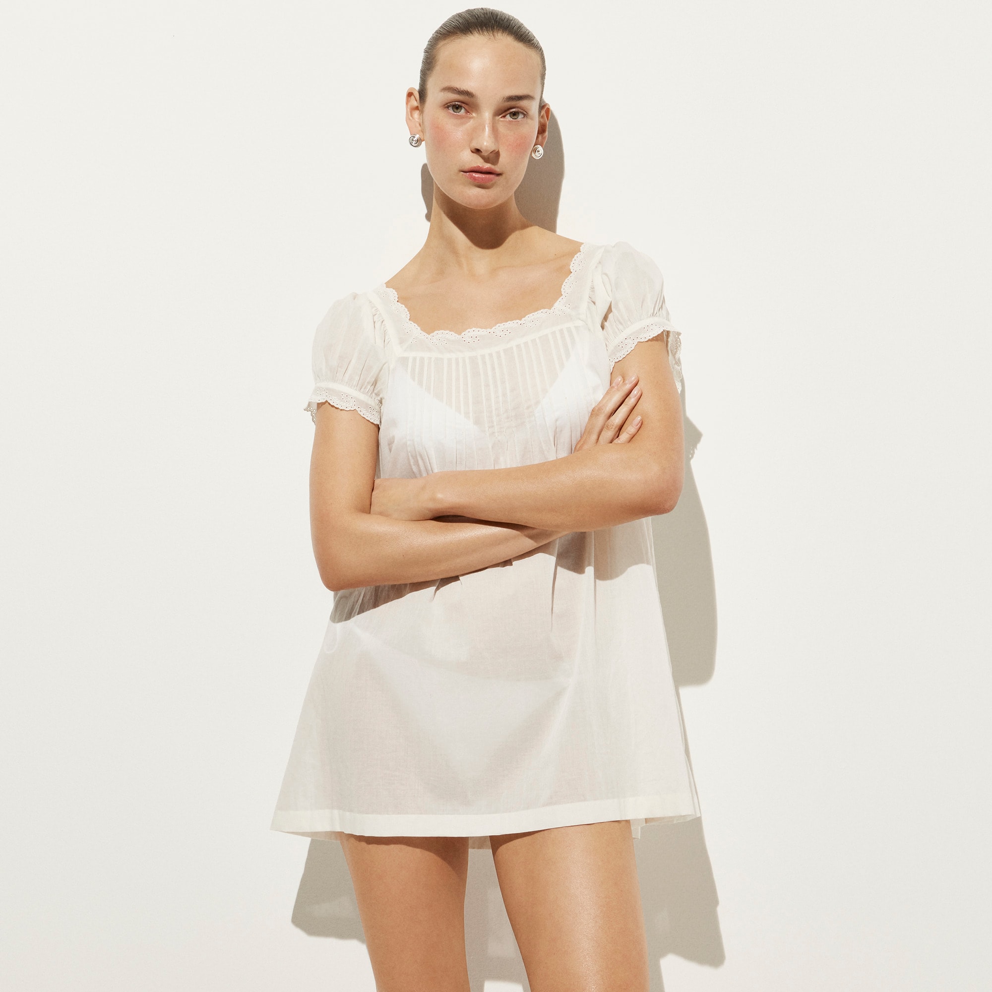 Cotton Voile Scallop-Trim Babydoll Dress