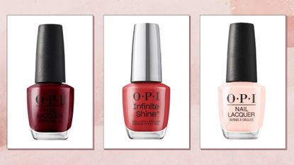 A selection of OPI nail polishes including shades Malaga Wine, Big Red Apple and Bubble Bath/ in a pink watercolour paint-style template