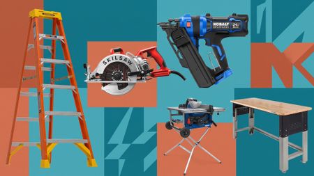 A selection of DIY tools on a colorful background.