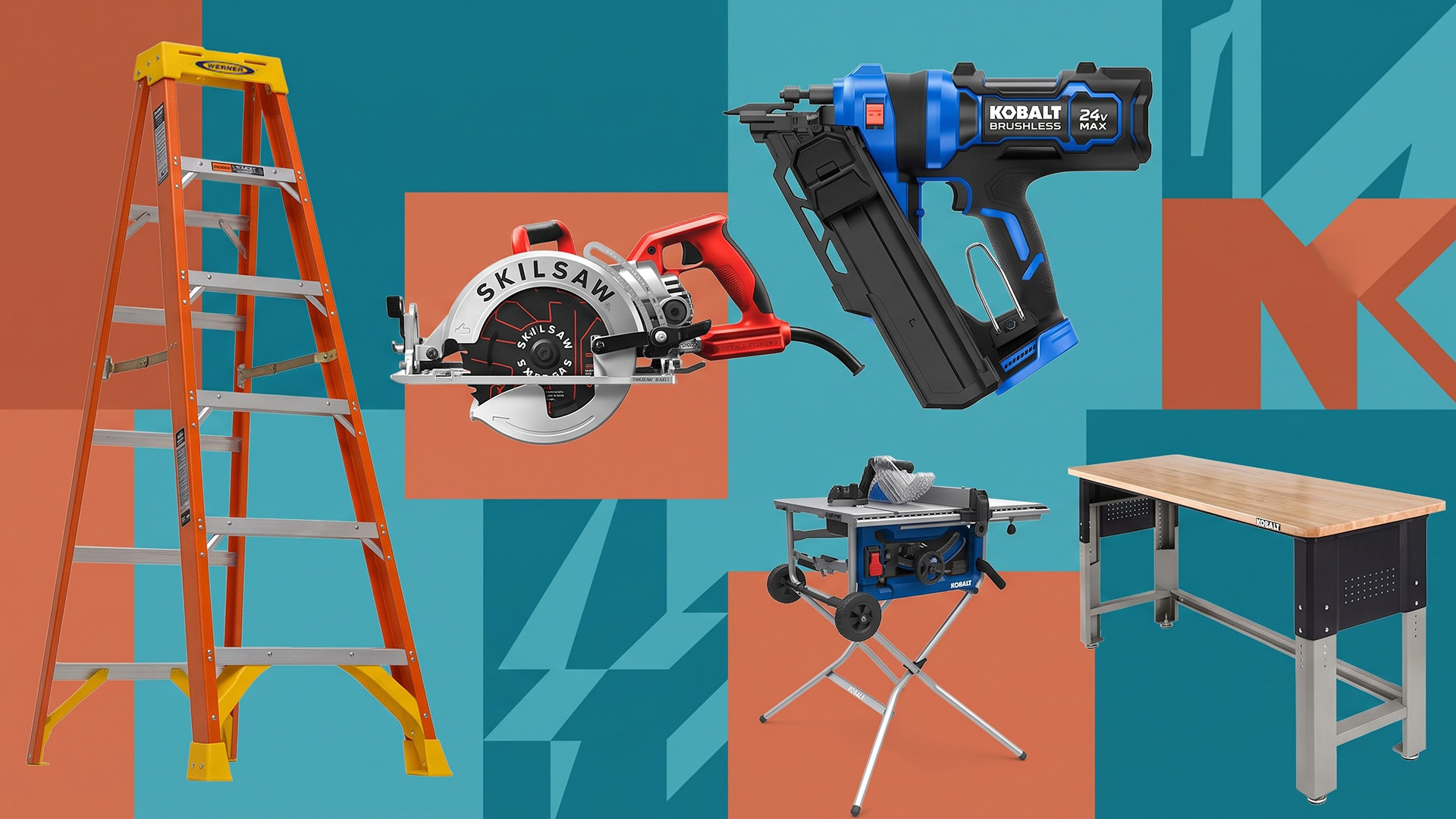 A selection of DIY tools on a colorful background.