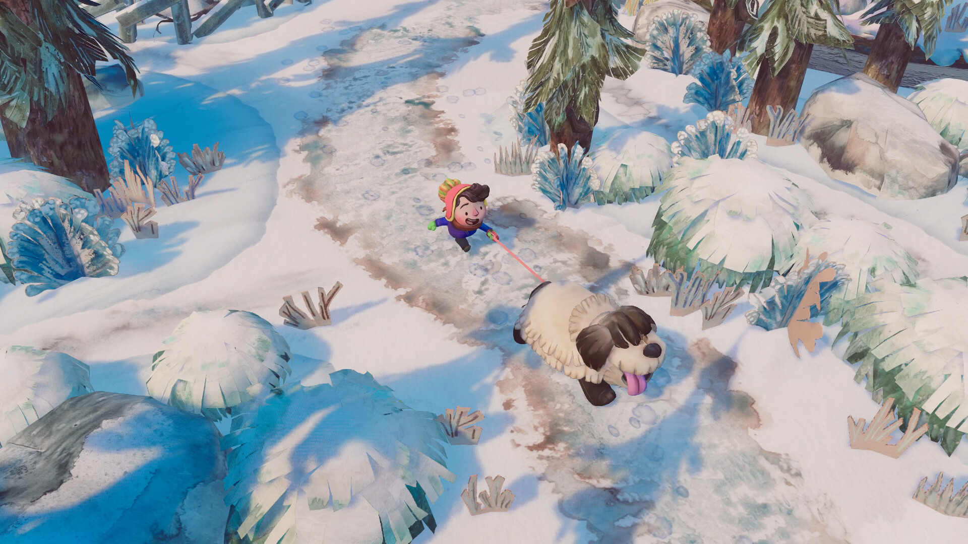 A screenshot from Dogwalk showing a small boy walking a huge dog in a snowy forest