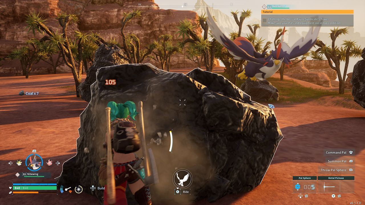 A player mines a Coal Deposit in the desert