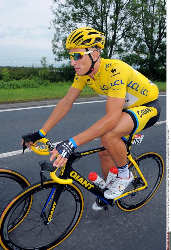 Marcel Kittel enjoys his day in yellow during stage 2.