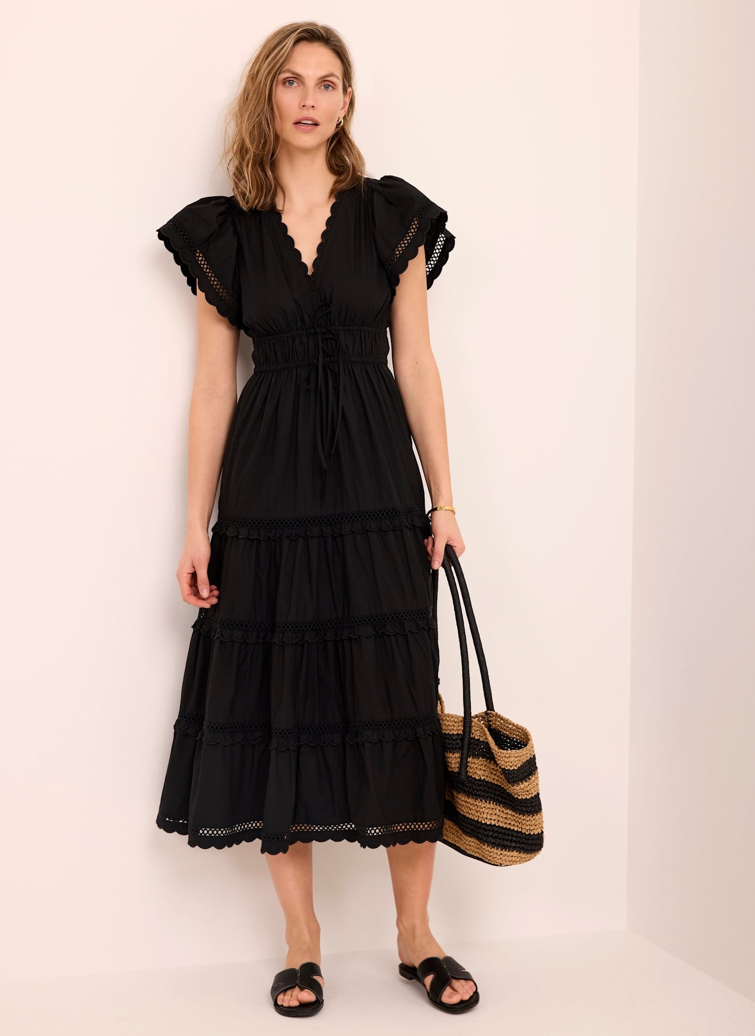 Black Cotton Ruffle Midi Dress