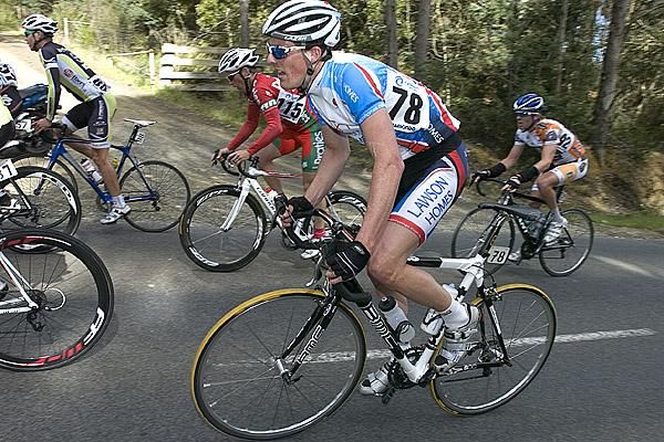 Michael Smith (Lawson Homes) out of the saddle on the climb out of Lilydale.