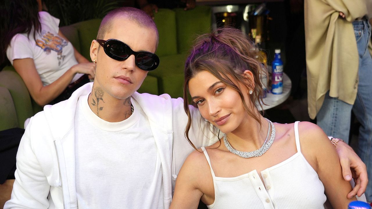 Justin Bieber and Hailey Bieber together at Super Bowl LVI at SoFi Stadium on February 13, 2022 in Inglewood, California.