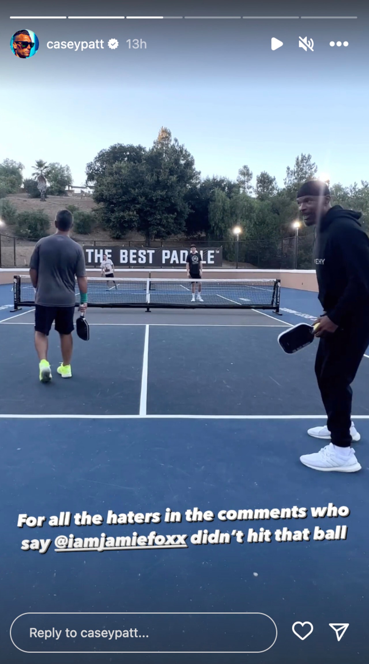 Jamie Foxx and four other guys playing pickleball together, with the caption: "For all the haters in the comments who say @iamjamiefoxx didn't hit that ball."