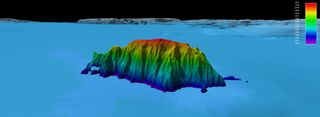3-D view of an isolated seamount discovered during Arctic Ocean sonar work in 2009. The feature rises from a depth of more than 3800 meters (nearly 12,500 feet) from the abyssal plain to a least depth of 2622 meters (8,600 feet). In the far background approximately 440 kilometers (240 miles)) away is the Chukchi Plateau.