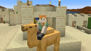 Minecraft 1.20 - Alex rides on a camel beside a desert village well