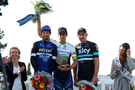 2016 Paris-Roubaix podium (l-r): Tom Boonen (Etixx-QuickStep), Matt Hayman (Orica-GreenEdge), Ian Stannard (Team Sky)