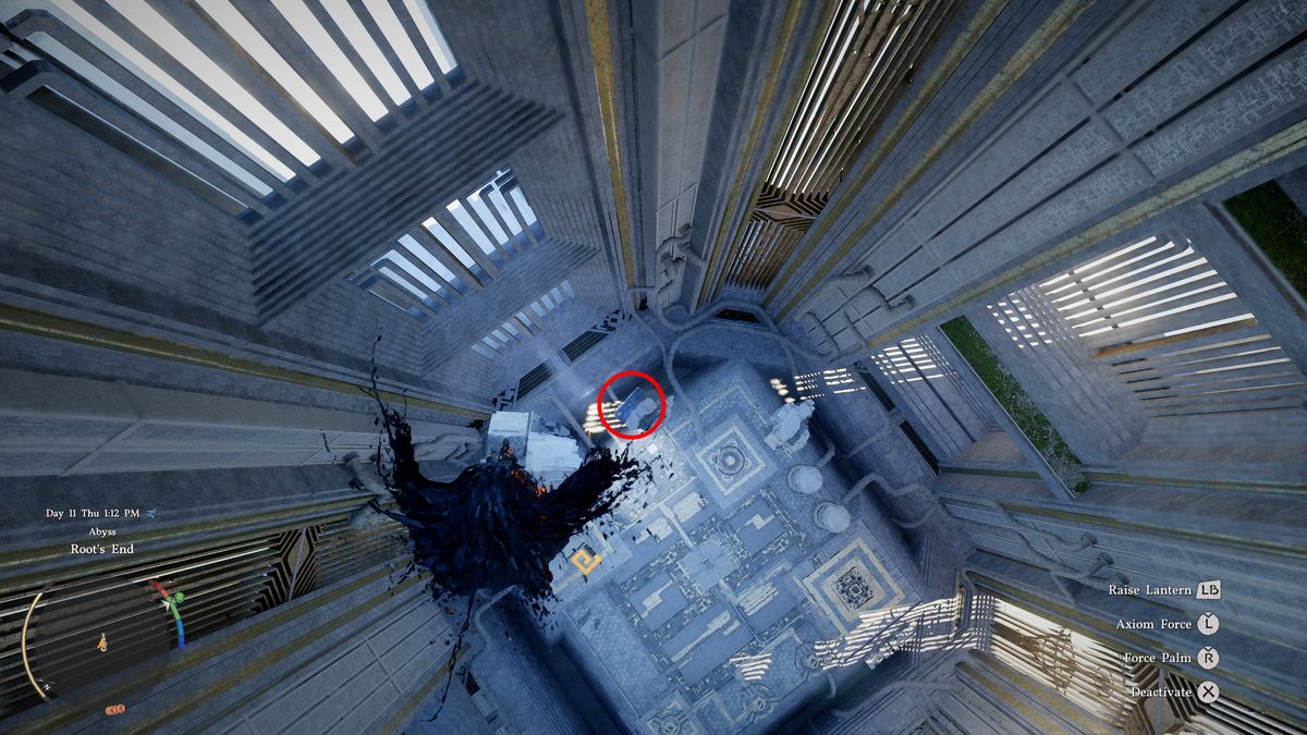 Crimson Desert Root's End: Kliff slow-falling towards a floating rock in a chute, with a red circle showing the location of a blue crystal.