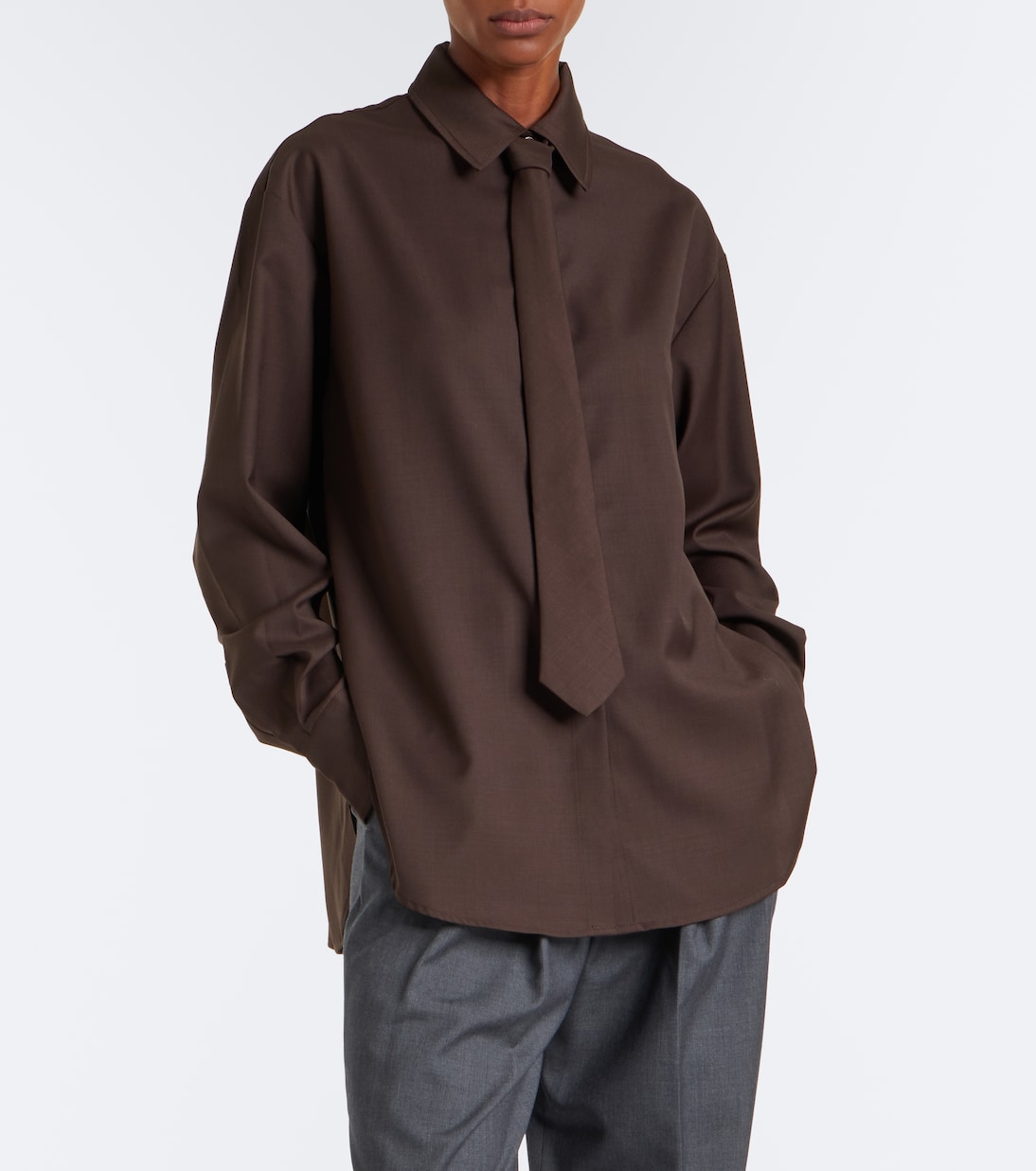 Peri Tie-Neck Shirt in Brown - the Frankie Shop