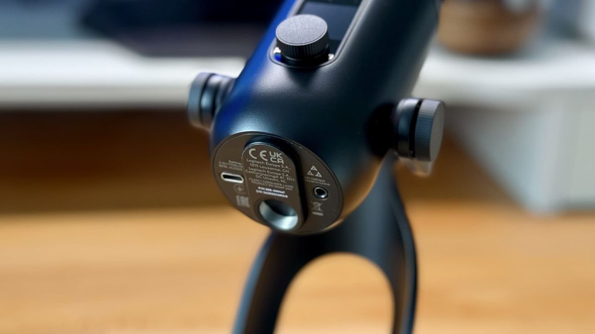 The Logitech Yeti 2 microphone on a desk.