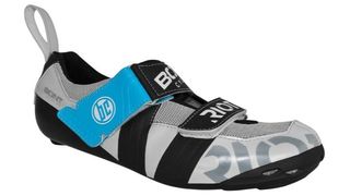 A blue and silver Bont triathlon shoe on a white background