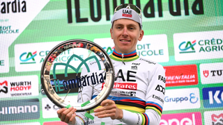 Tadej Pogacar of Slovenia and UAE Team Emirates celebrates at podium as race winner during the 118th Il Lombardia 2024 a 255km one day race from Bergamo to Como / #UCIWT / on October 12, 2024 in Como, Italy. 