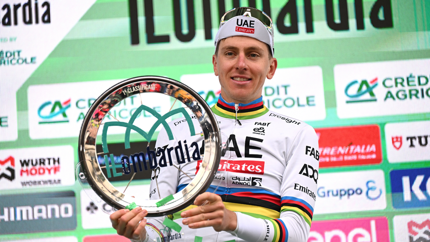 Tadej Pogacar of Slovenia and UAE Team Emirates celebrates at podium as race winner during the 118th Il Lombardia 2024 a 255km one day race from Bergamo to Como / #UCIWT / on October 12, 2024 in Como, Italy. 