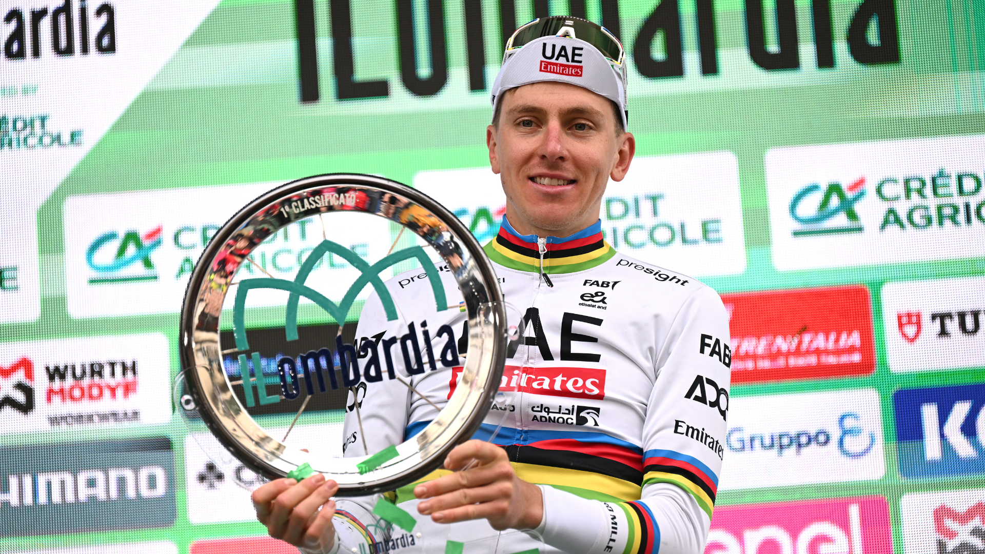 Tadej Pogacar of Slovenia and UAE Team Emirates celebrates at podium as race winner during the 118th Il Lombardia 2024 a 255km one day race from Bergamo to Como / #UCIWT / on October 12, 2024 in Como, Italy.