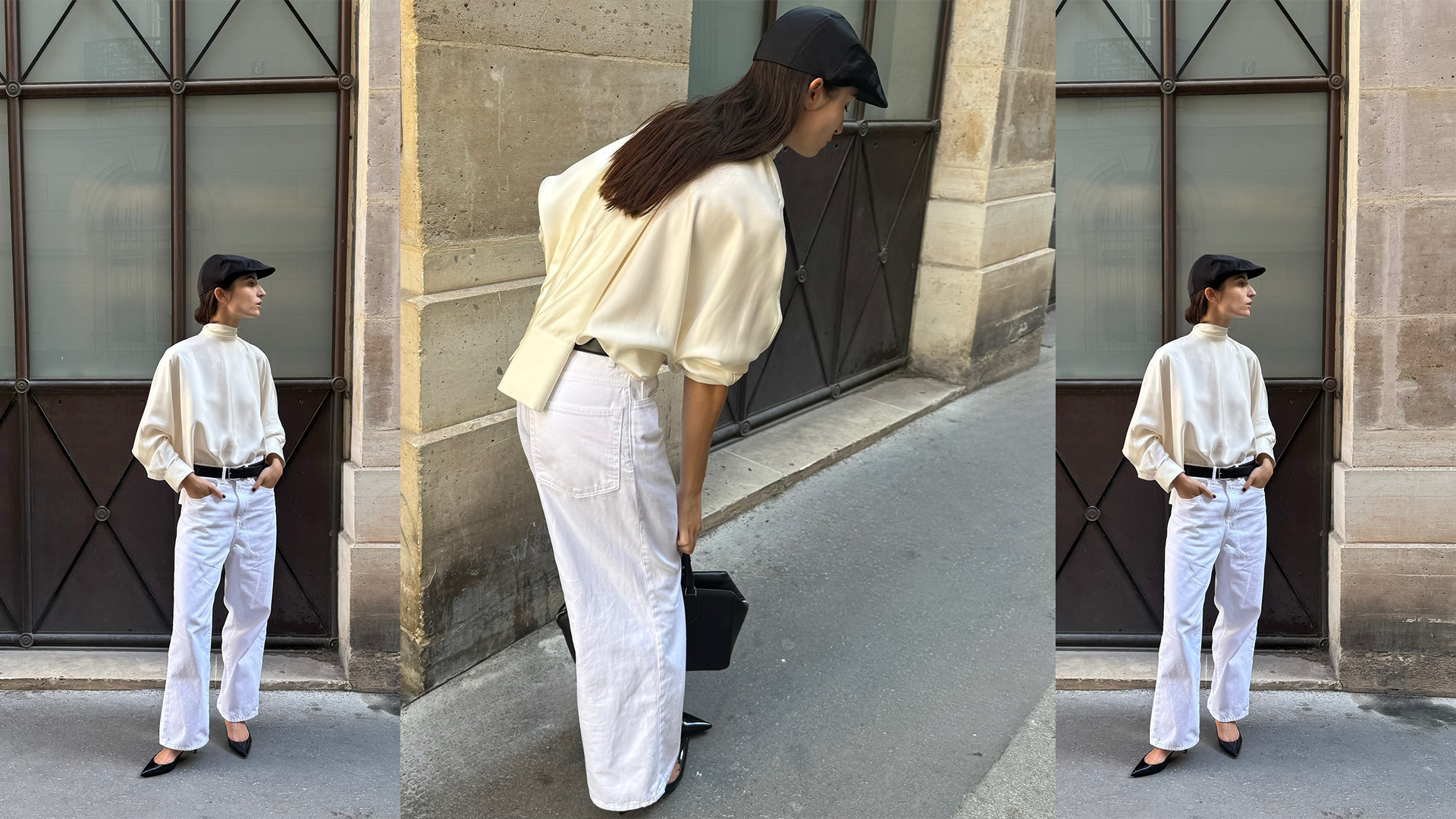 Andrea wears bright white straight leg pants, a voluminous turtleneck blouse, black pointed toe shoes, a black belt, and a black hat.