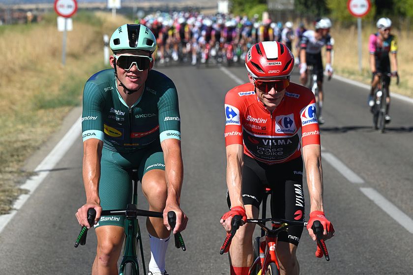 2025 Vuelta a España: overall winner Jonas Vingegaard (r) and points jersey winner Mads Pedersen (l) during the first part of the final stage