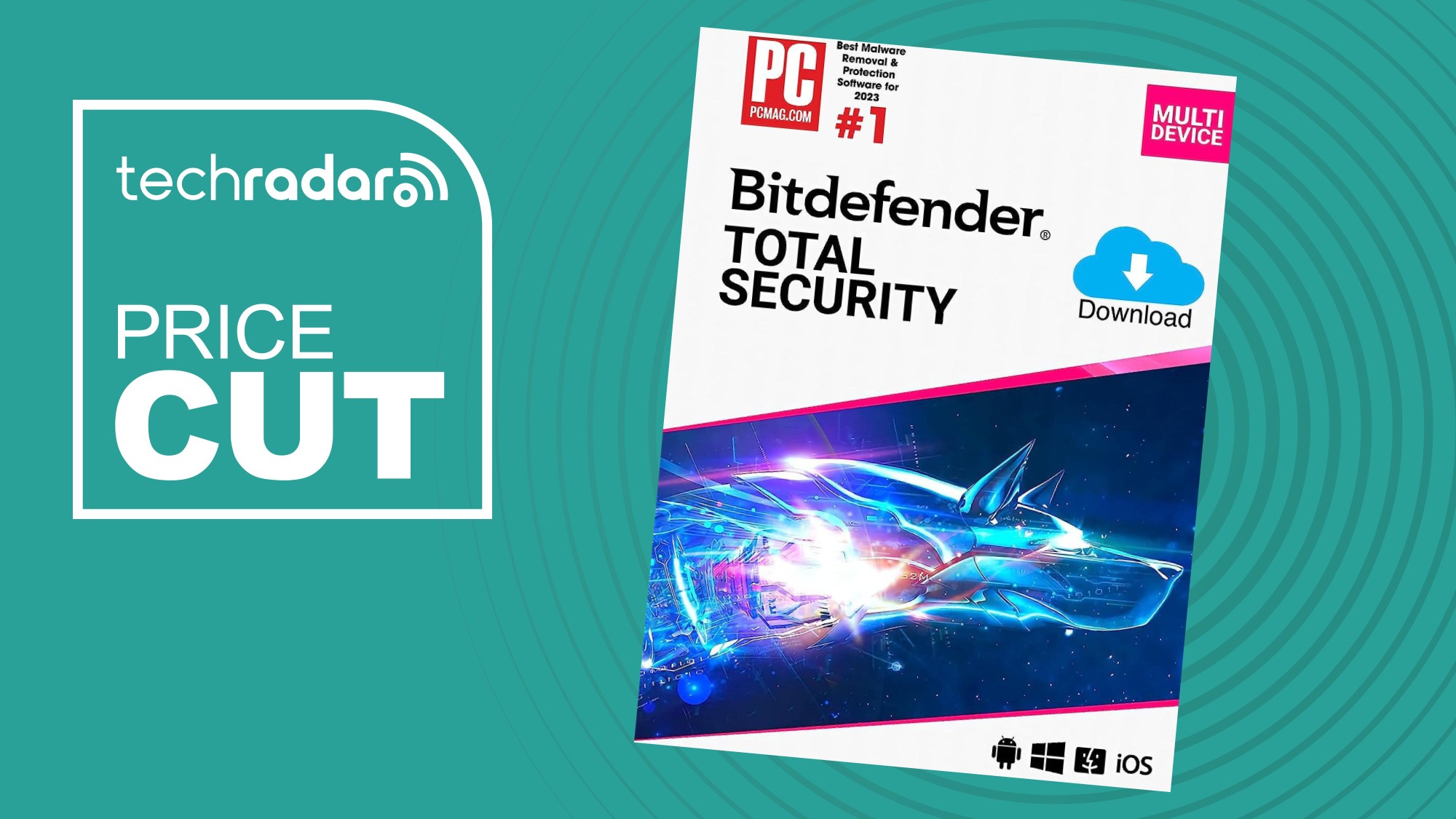 A Bitdefender box on a green background next to a white TechRadar badge that reads 'Price Cut'
