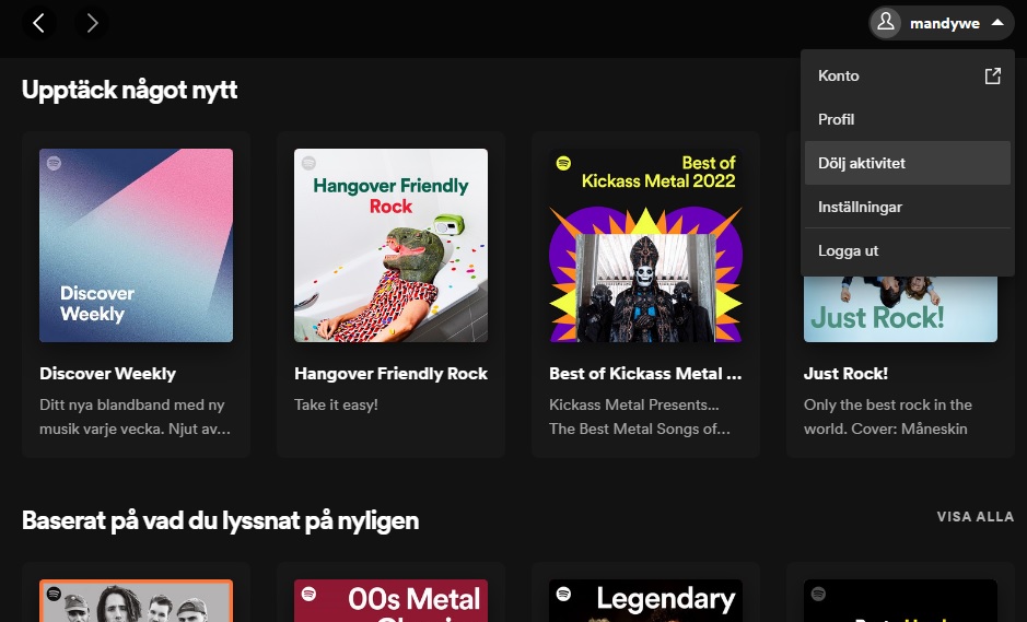 En skärmdump på en rullgardinsmeny under profil-ikonen i Spotify, där man kan välja att dölja sin aktivitet.