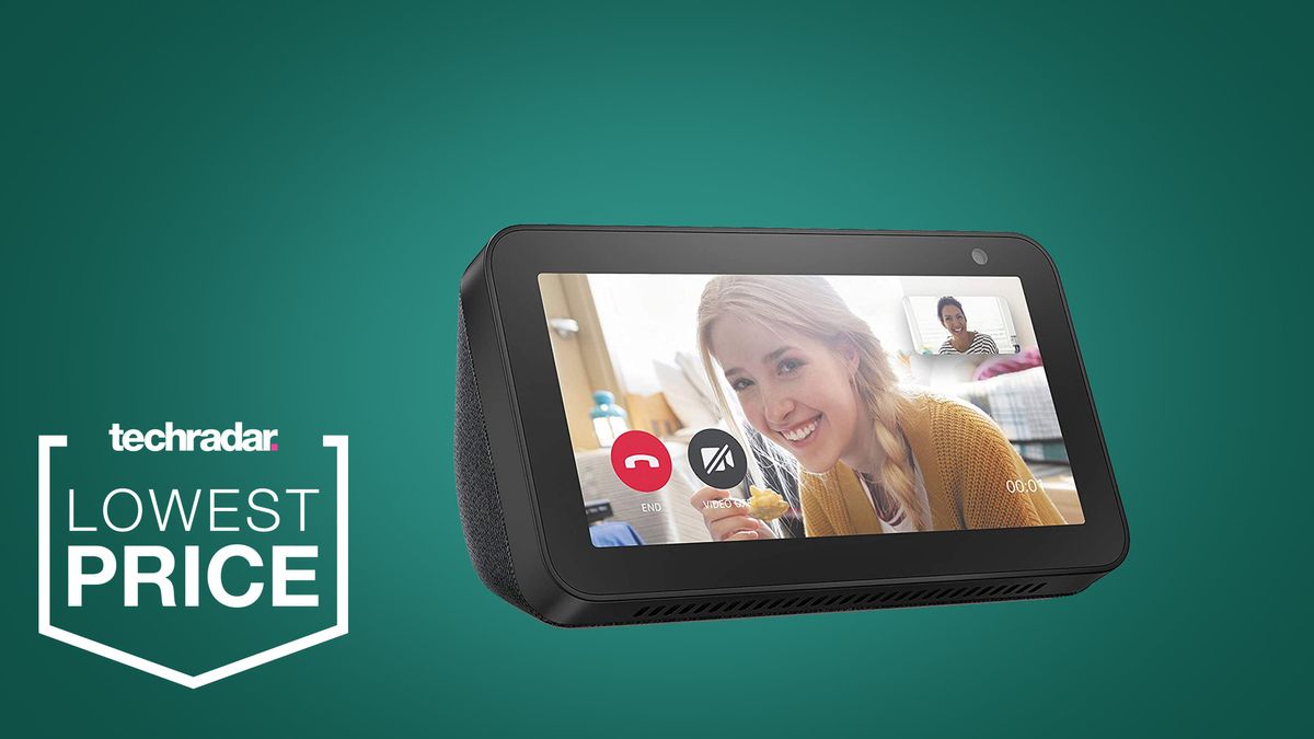 Amazon Echo Show 5 (1st generation) being used for video calls on a green background