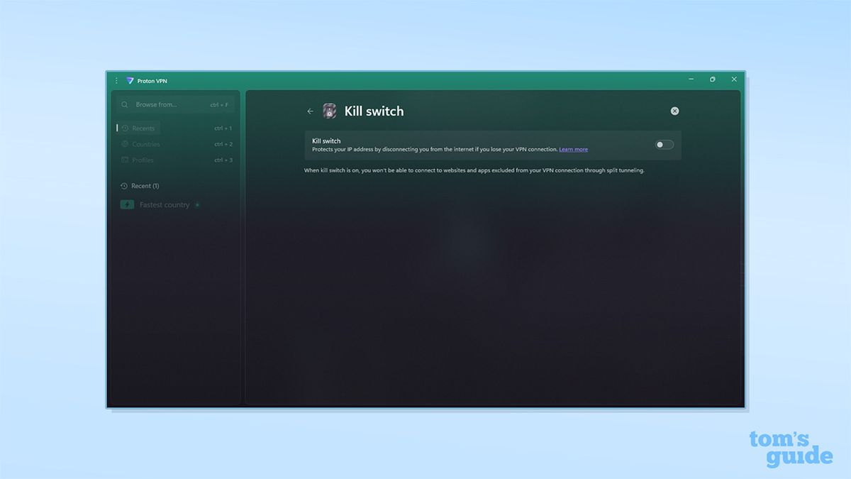 Proton VPN's kill switch on its Windows app. There is an option to toggle the kill switch on and off, and it is currently set to off.