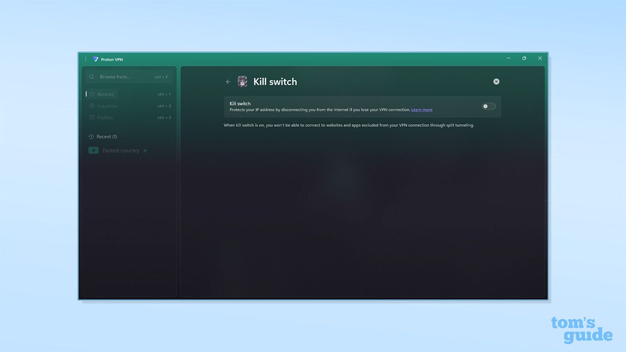 Proton VPN's kill switch on its Windows app. There is an option to toggle the kill switch on and off, and it is currently set to off.