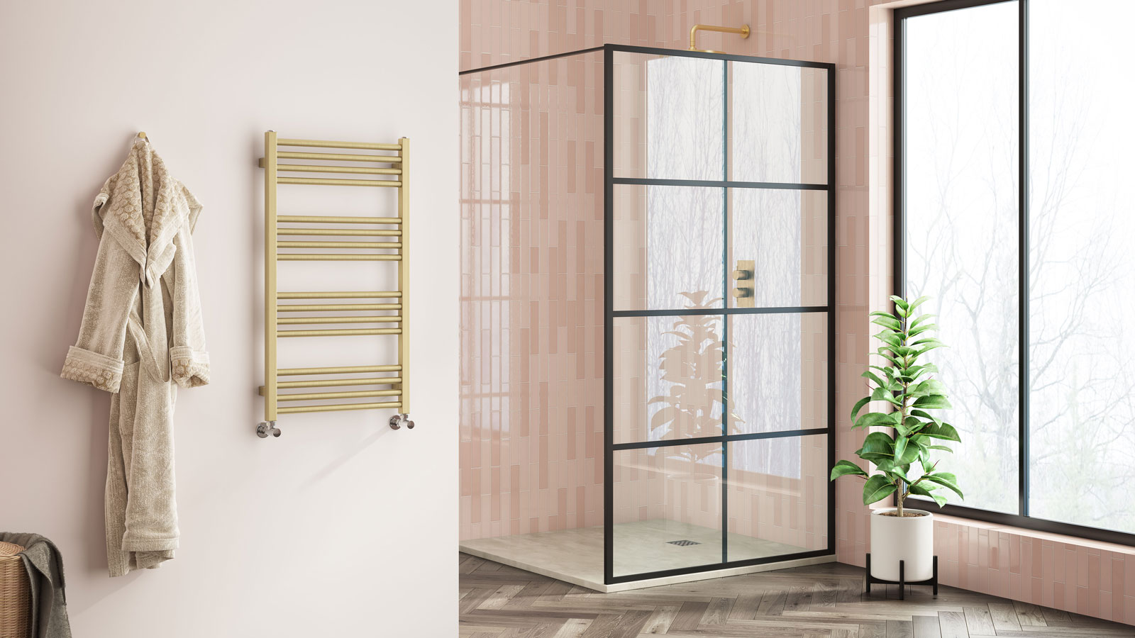 pink bathroom with herringbone flooring and brass heated towel rail