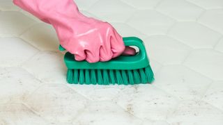 Using a brush to clean a mattress covered in mold