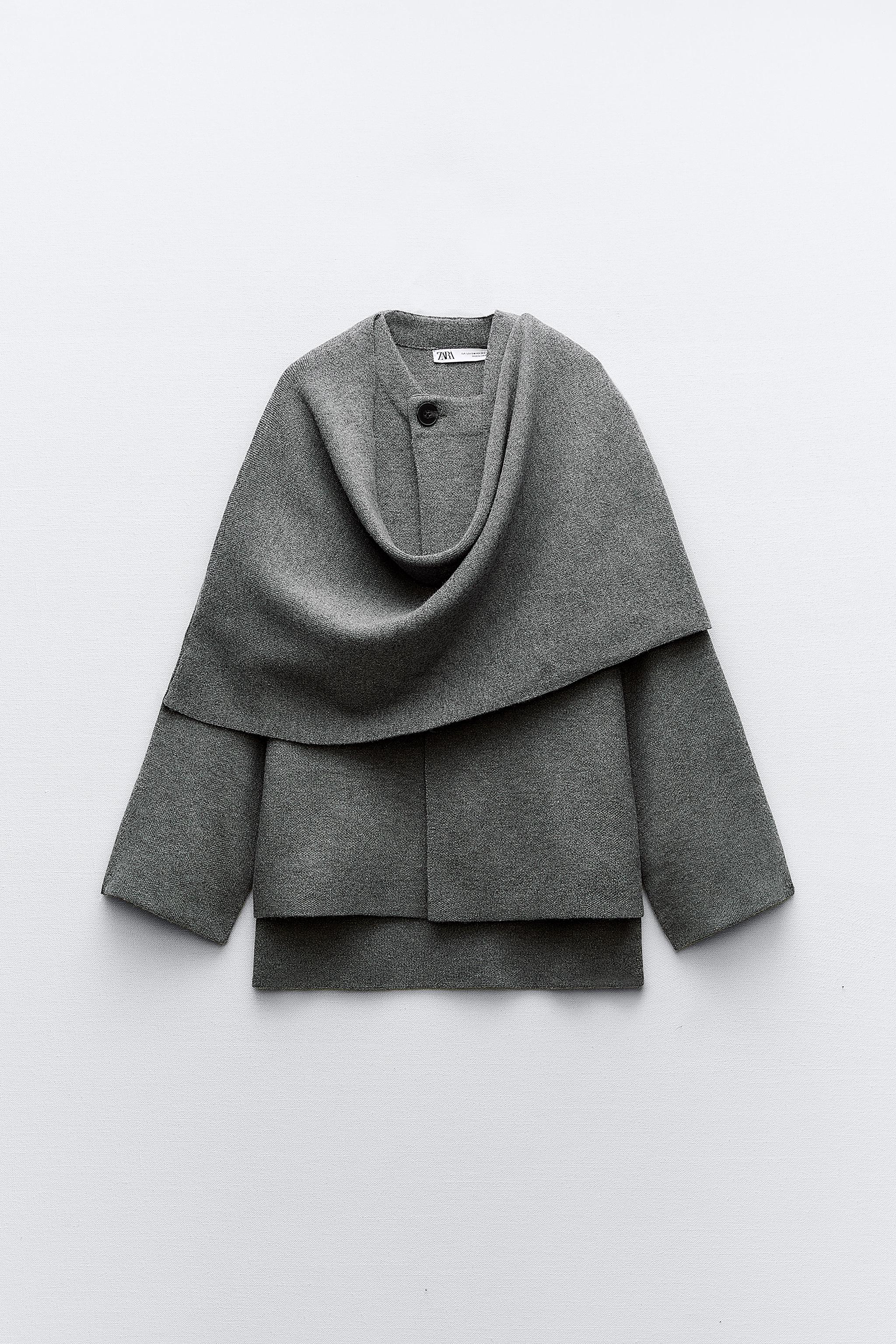 ZARA, Crop Knit Coat With Asymmetrical Scarf