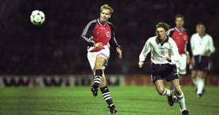 Former Manchester United star Henning Berg of Norway is chased by Steve McManaman of England during a Friendly match in Norway. The match ended in a 0-0 draw.