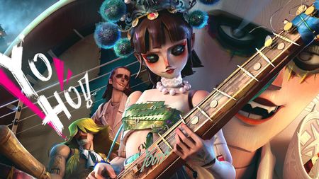 Sea of Remnants key art showing a wooden puppet character in a tropical dress playing a stringed musical instrument.