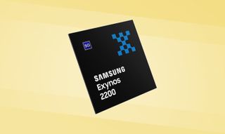 A render of the Samsung Exynos 2200 mobile chipset, on a gold background