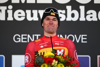 NINOVE BELGIUM MARCH 01 Soren Waerenskjold of Norway and Team UnoX Mobility celebrates at podium as race winner during the 80th Omloop Het Nieuwsblad 2025 Mens Elite a 197km one day race from Ghent to Ninove UCIWWT on March 01 2025 in Ninove Belgium Photo by Luc ClaessenGetty Images